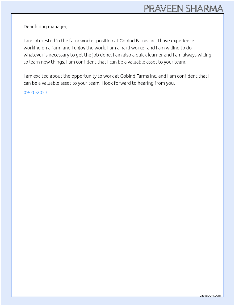 farm worker At Gobind Farms Inc Cover Letter