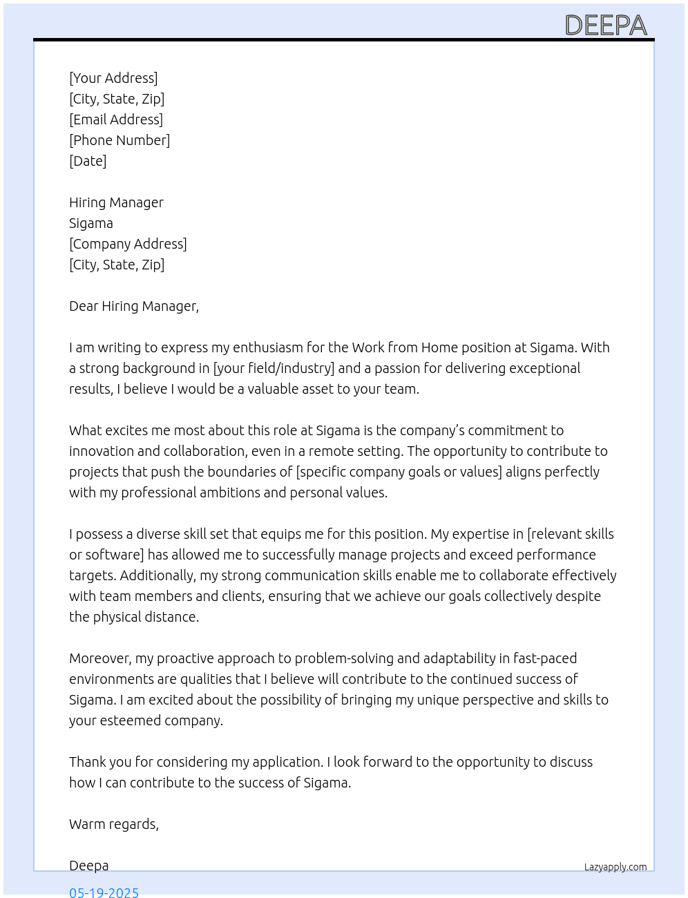Work from  home At Sigama Cover Letter