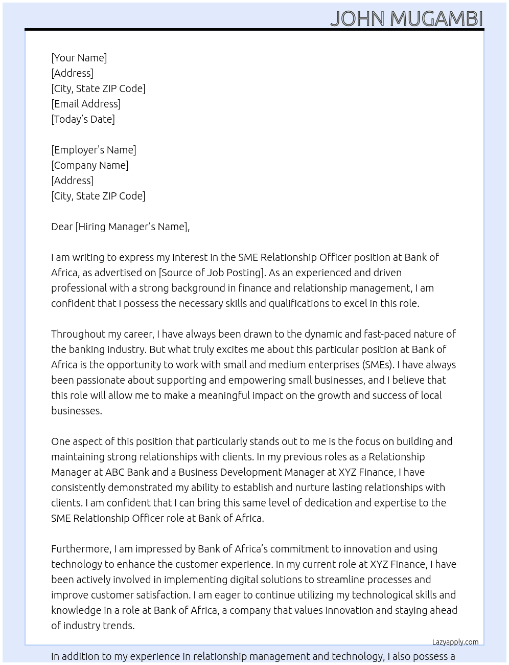 SME Relationship Officer At Bank Of Africa Cover Letter