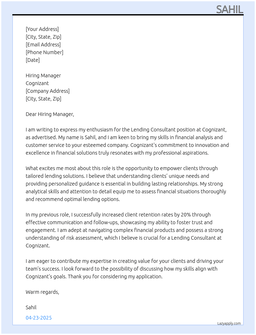 Cover letter for lending consultant - LazyApply