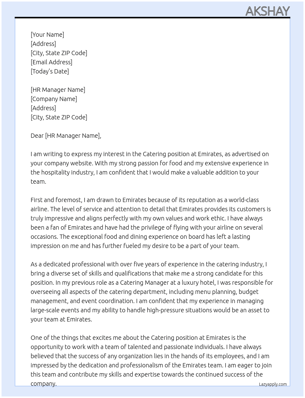 CATERING At Emirates Cover Letter