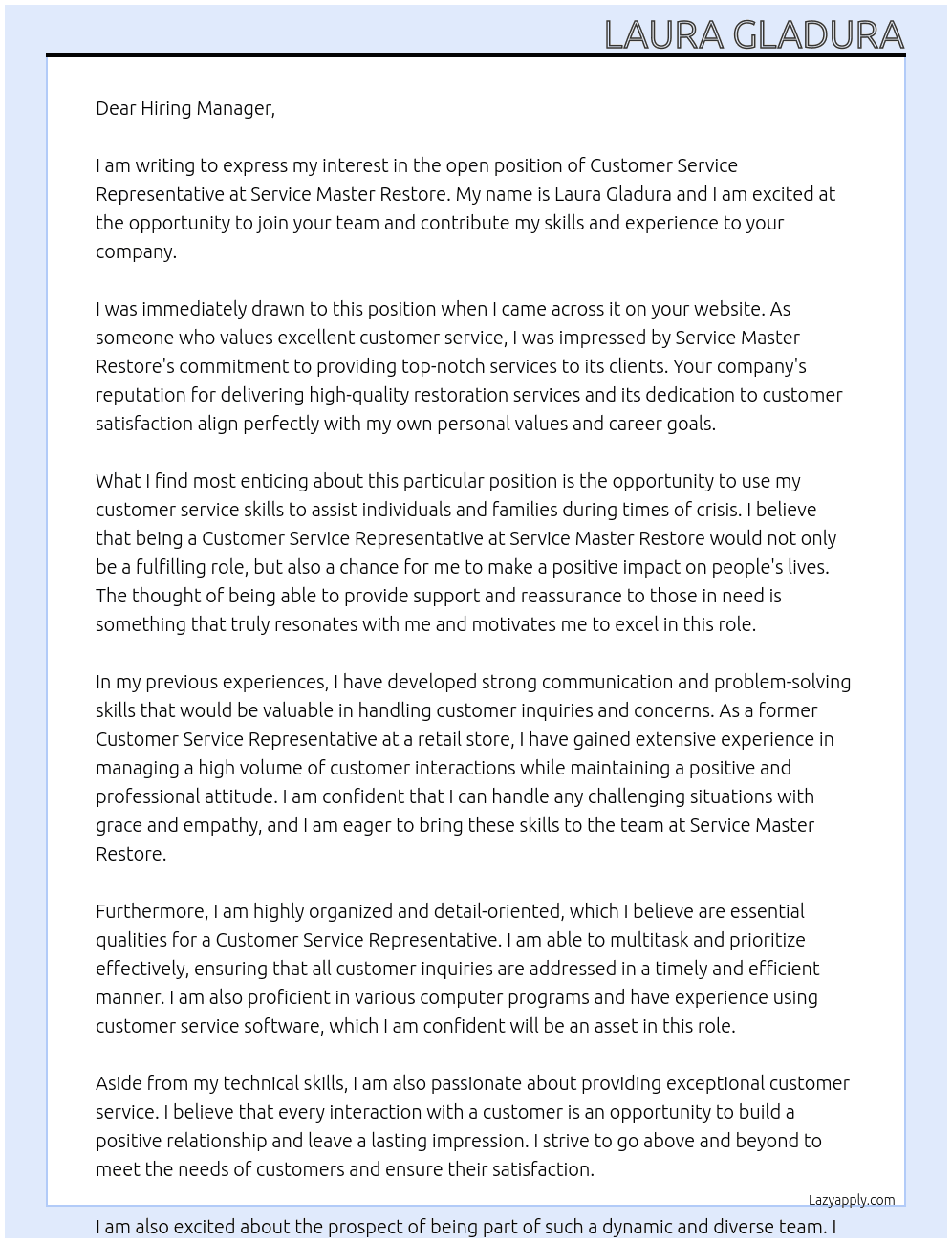 Customer Service Representative At Service Master Restore Cover Letter
