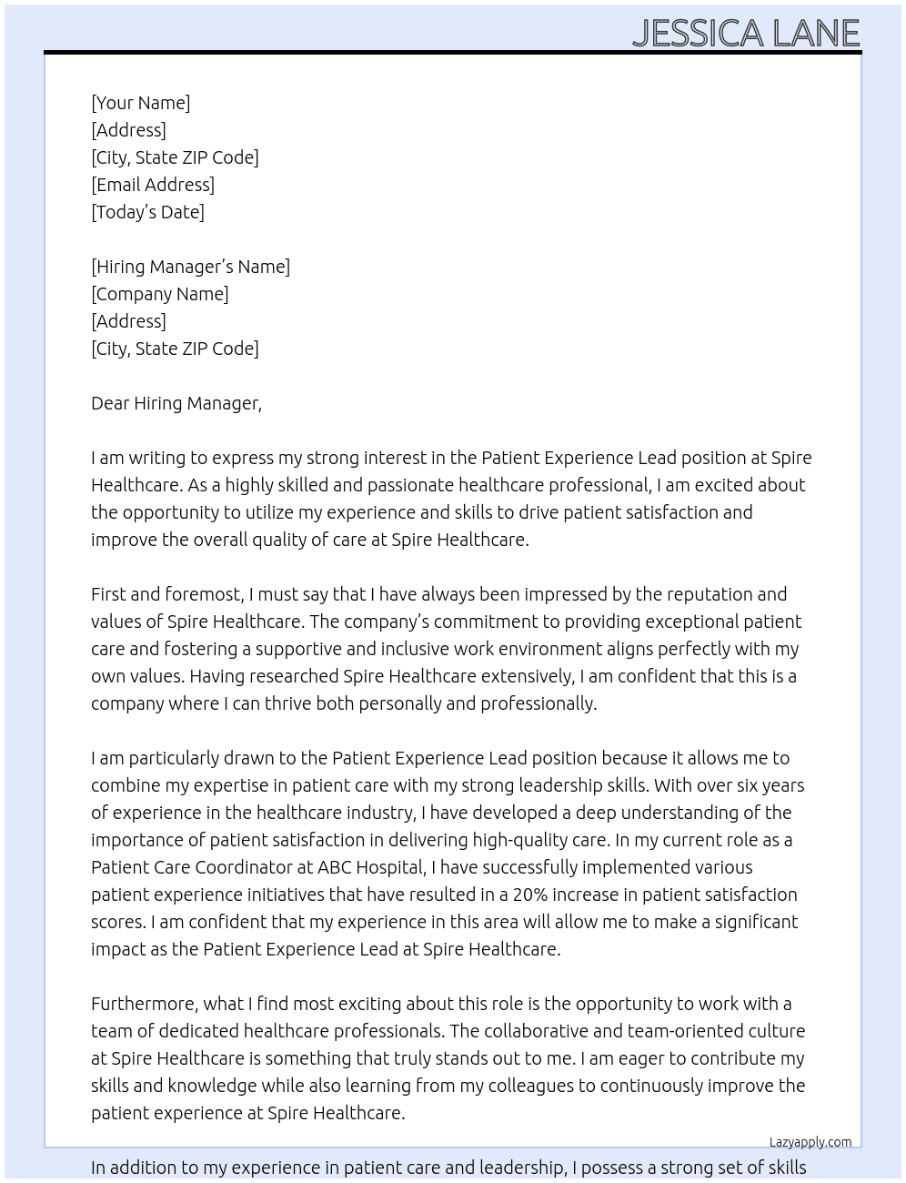 Patient Experience Lead At Spire Healthcare Cover Letter
