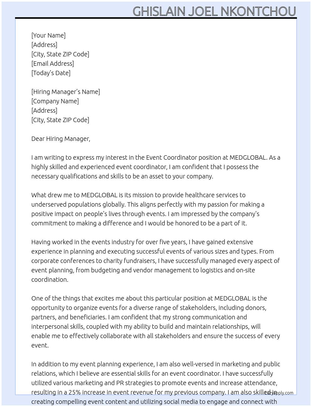 Event Coordinator At MEDGLOBAL Cover Letter