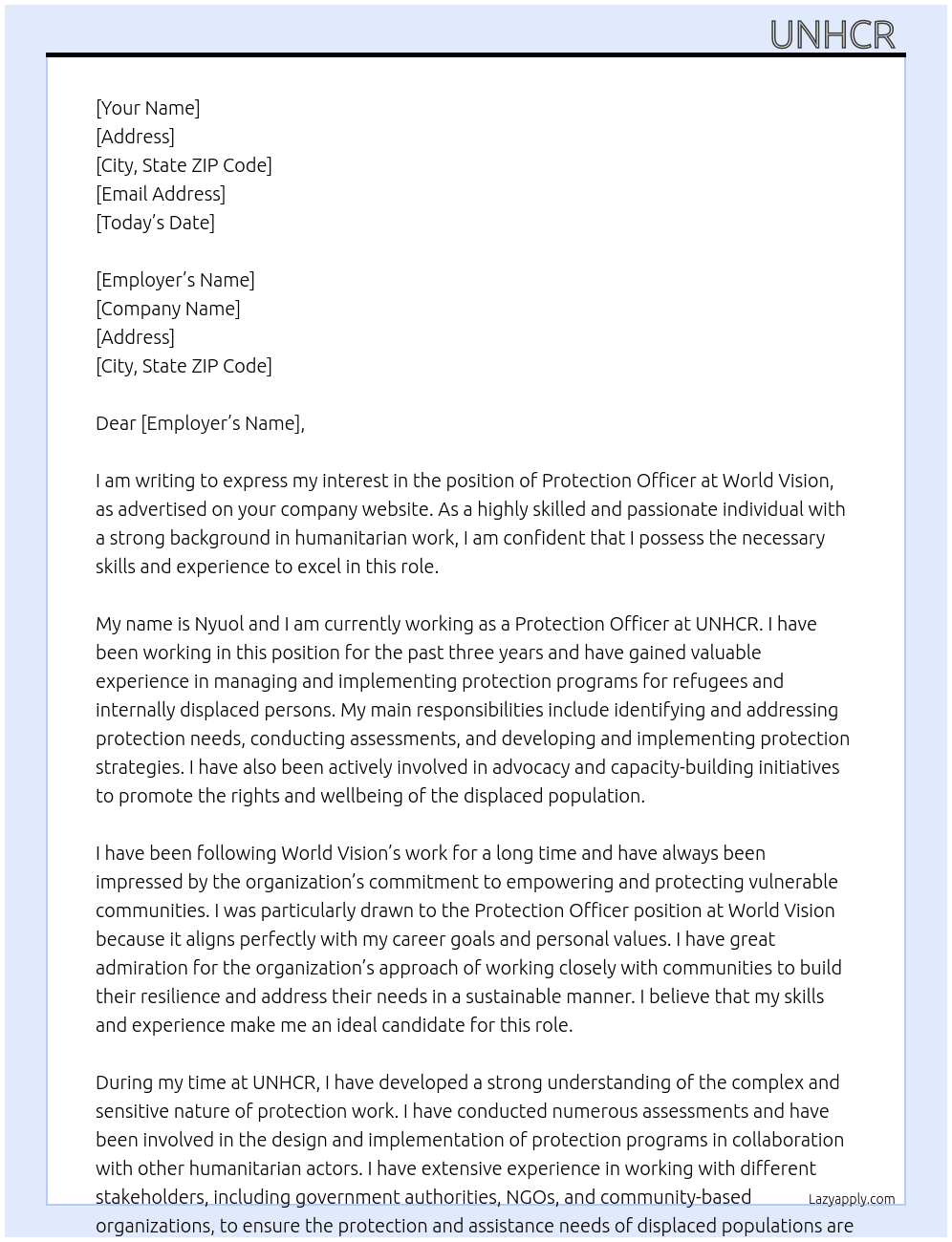 Protection officer  At World vision  Cover Letter