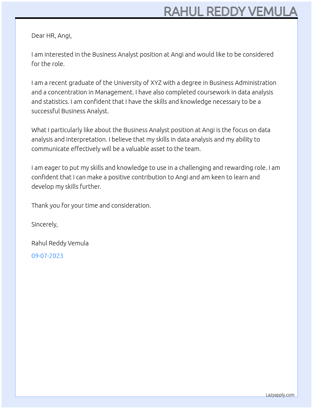 Business Analyst At Angi Cover Letter