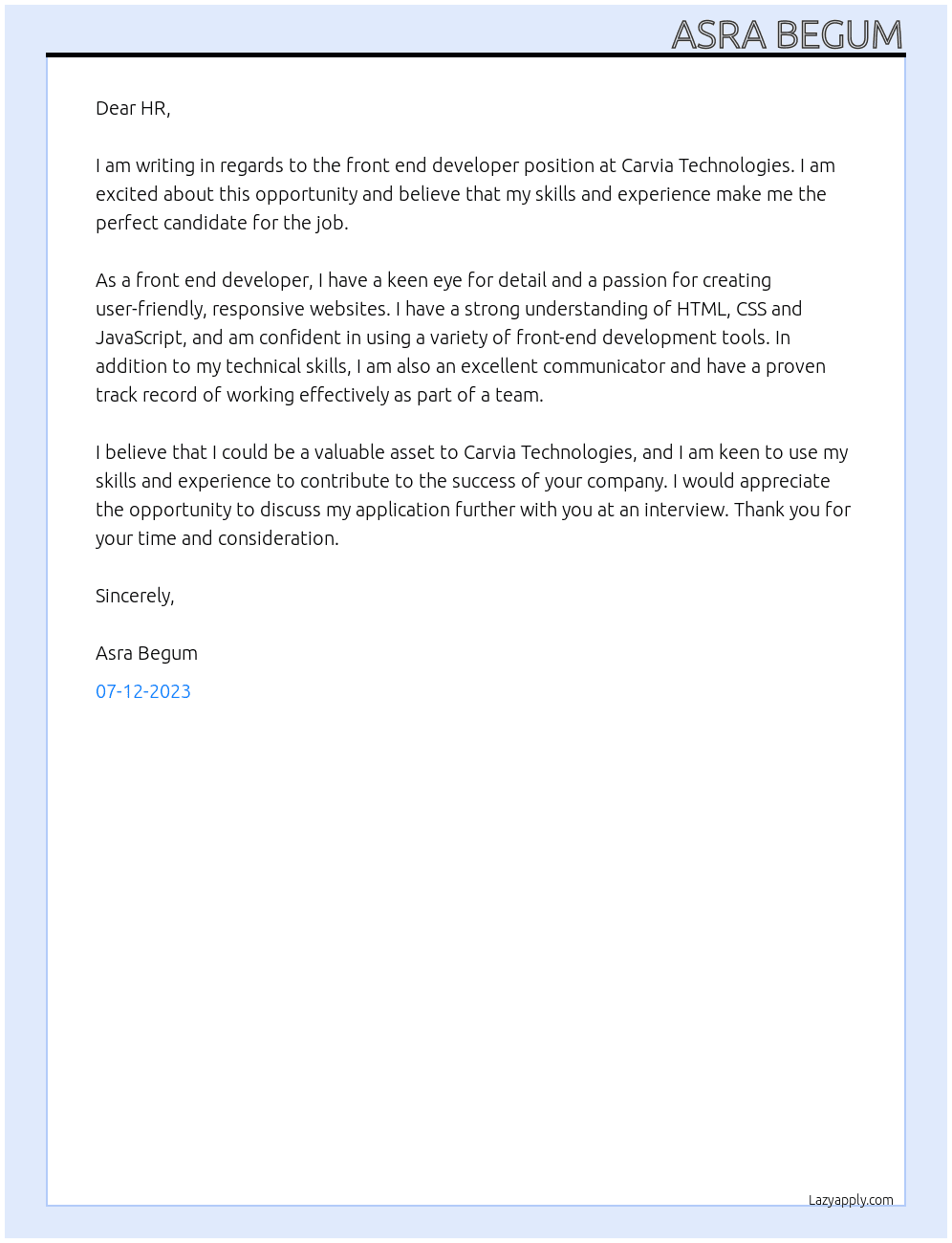 front end developer At Carvia Technologies Cover Letter