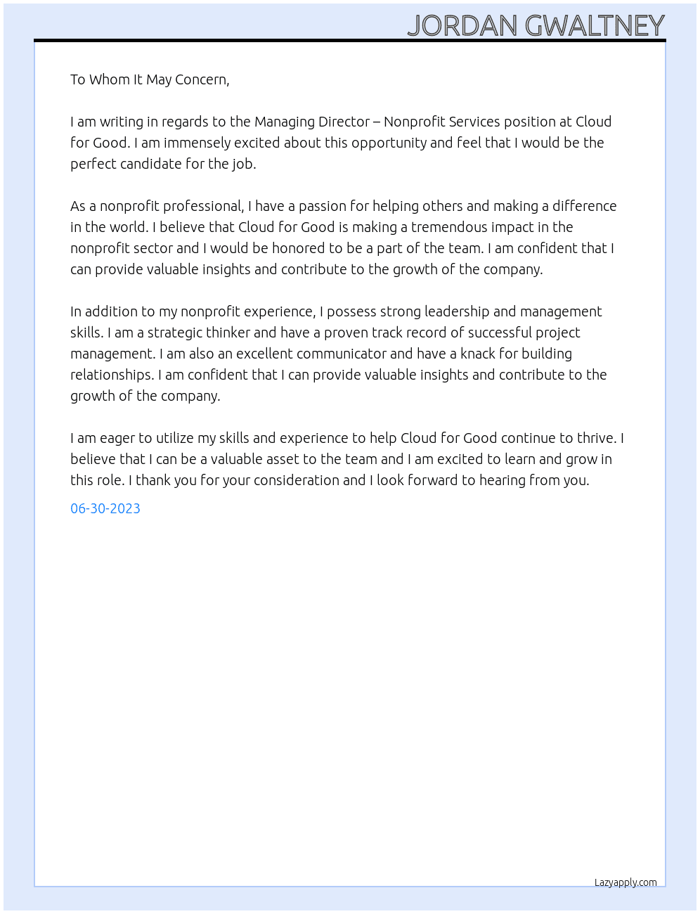 Managing Director – Nonprofit Services  At Cloud for Good Cover Letter