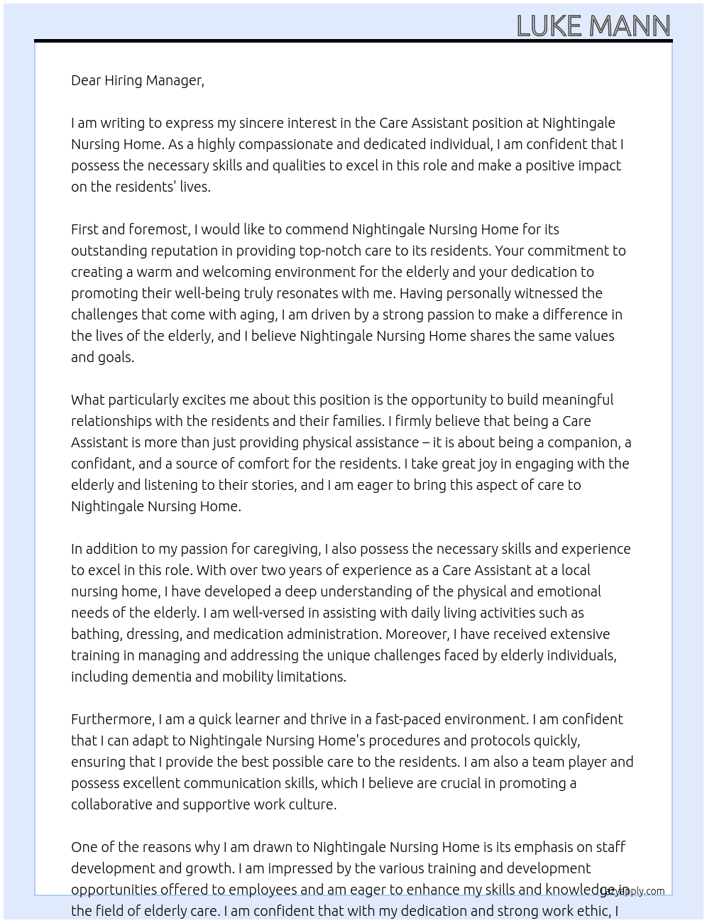 Care Assistant  At Nightingale Nursing Home Cover Letter