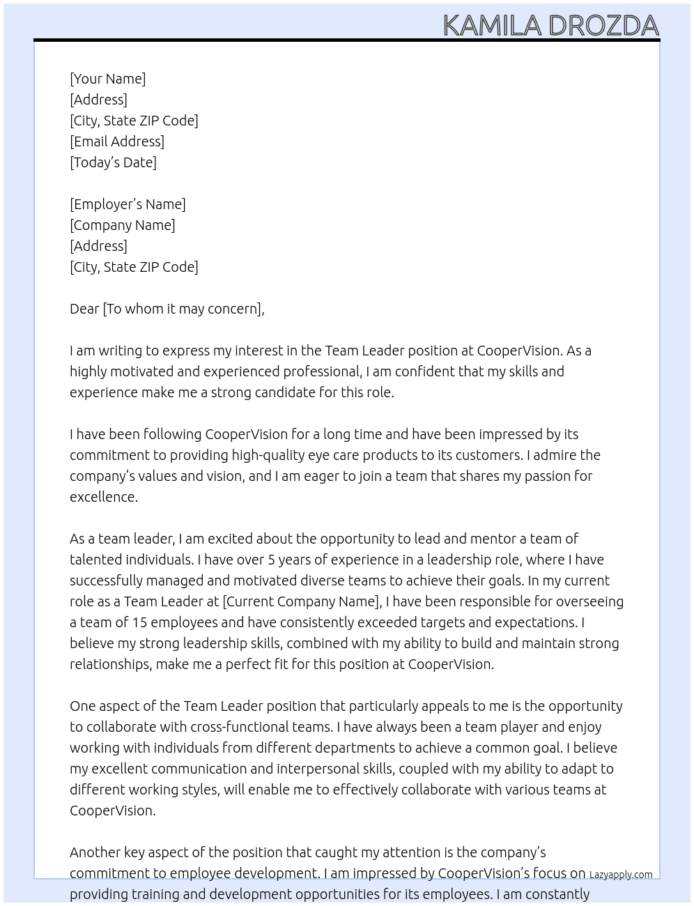 Team leader  At CooperVision  Cover Letter
