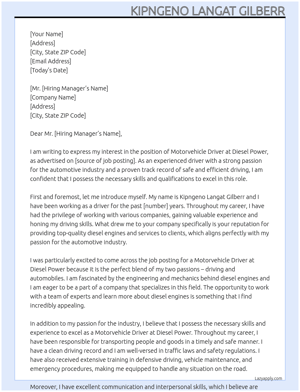 Motorvihicle driver At Diesel power Cover Letter