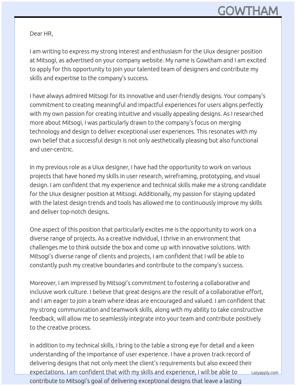 Uiux designer  At Mitsogi Cover Letter