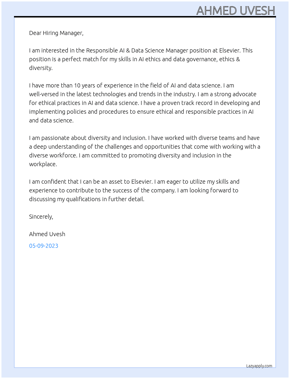 Resposible AI & Data Science Manager At Elsevier Cover Letter