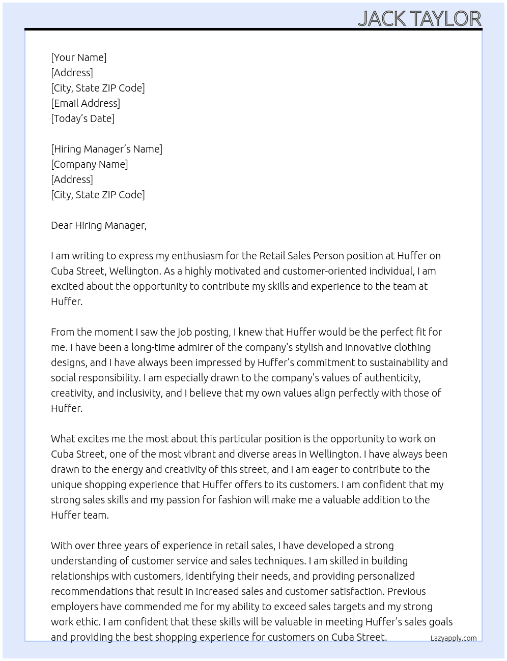 Retail Sales Person Cuba Street, Wellington At Huffer Cover Letter