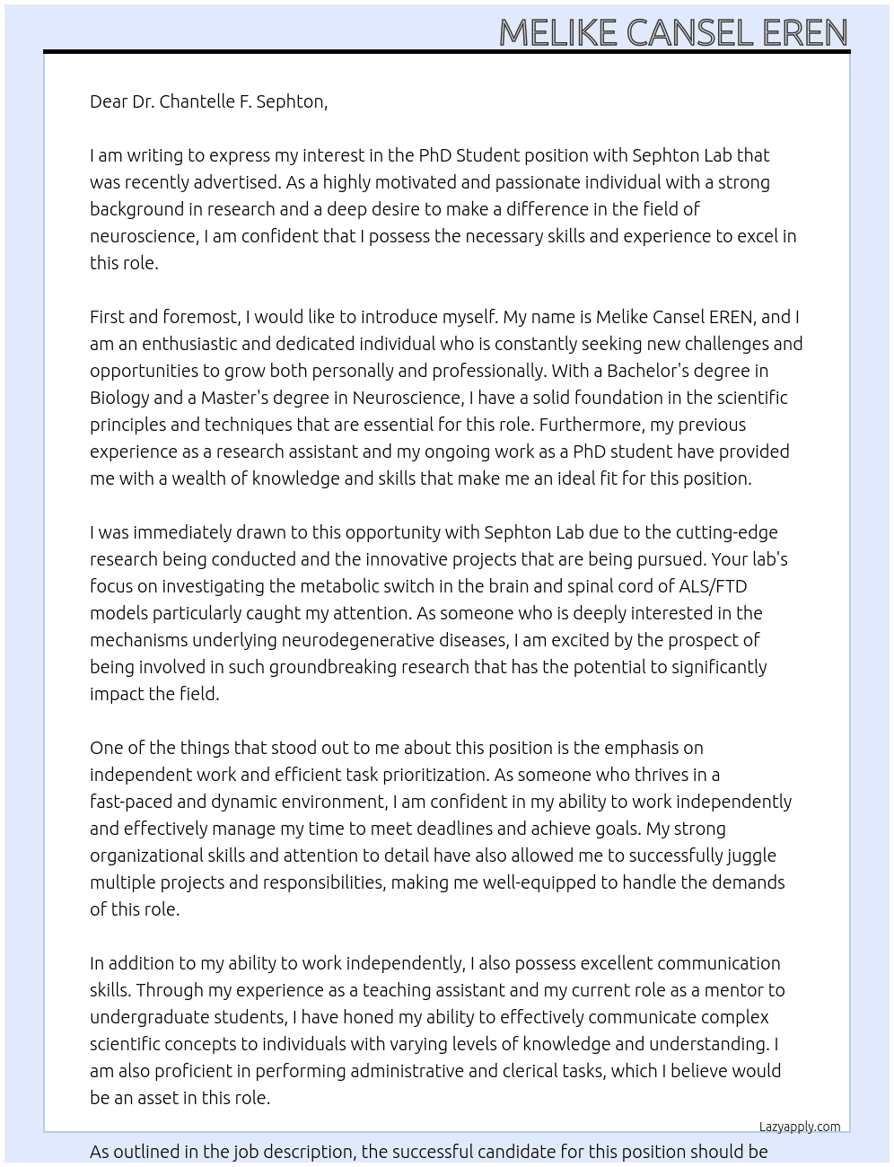 PhD Student At Sephton  Lab Cover Letter