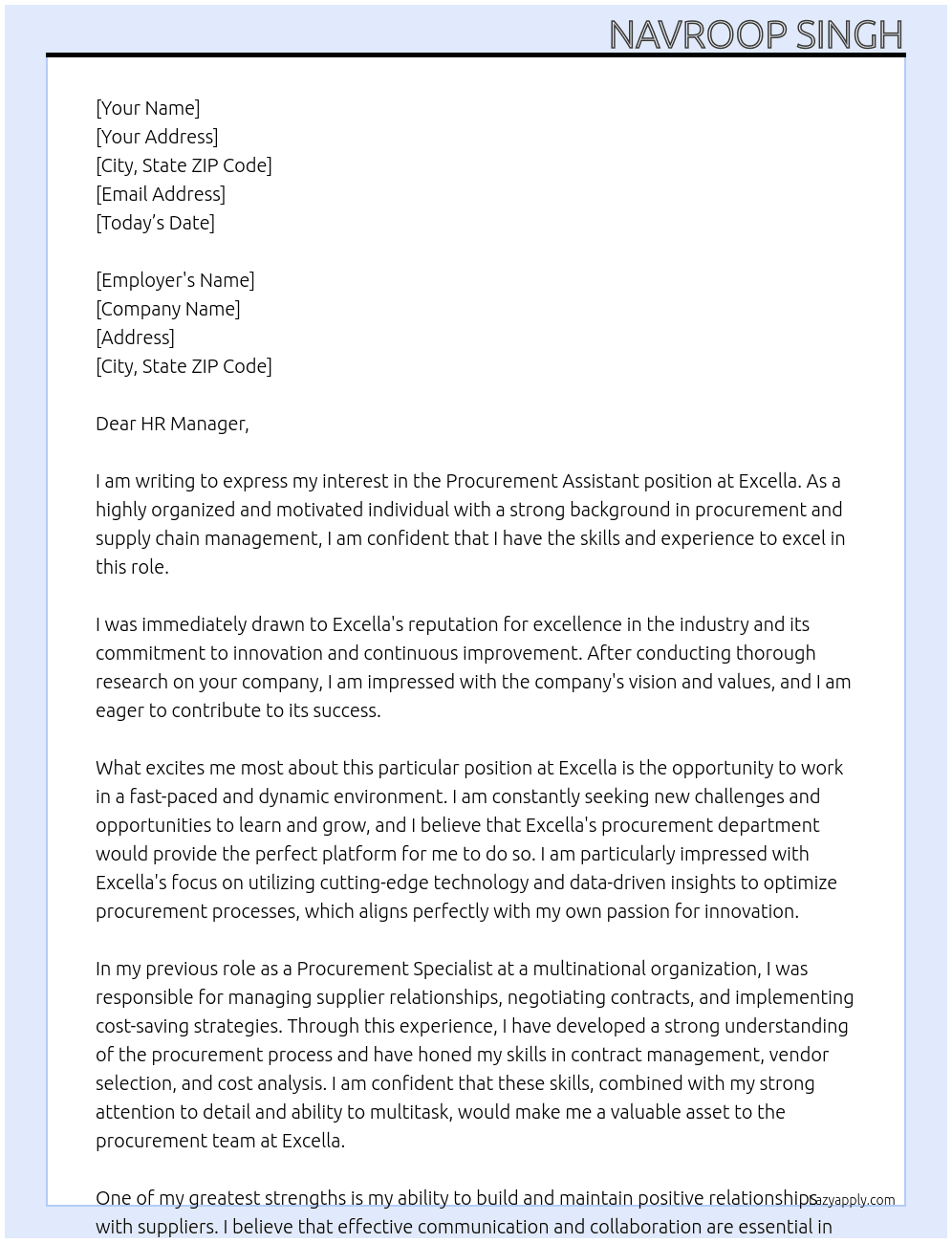 Procurement Assistant At Excella Cover Letter