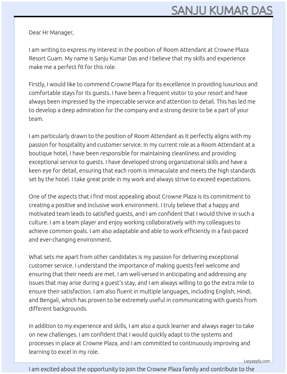 Room Attendant At Crowne Plaza Resort Guam Cover Letter