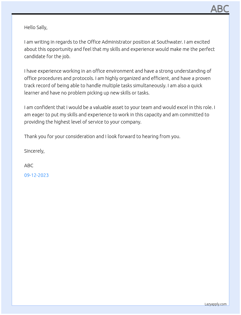 Office Administrator At Southwater  Cover Letter