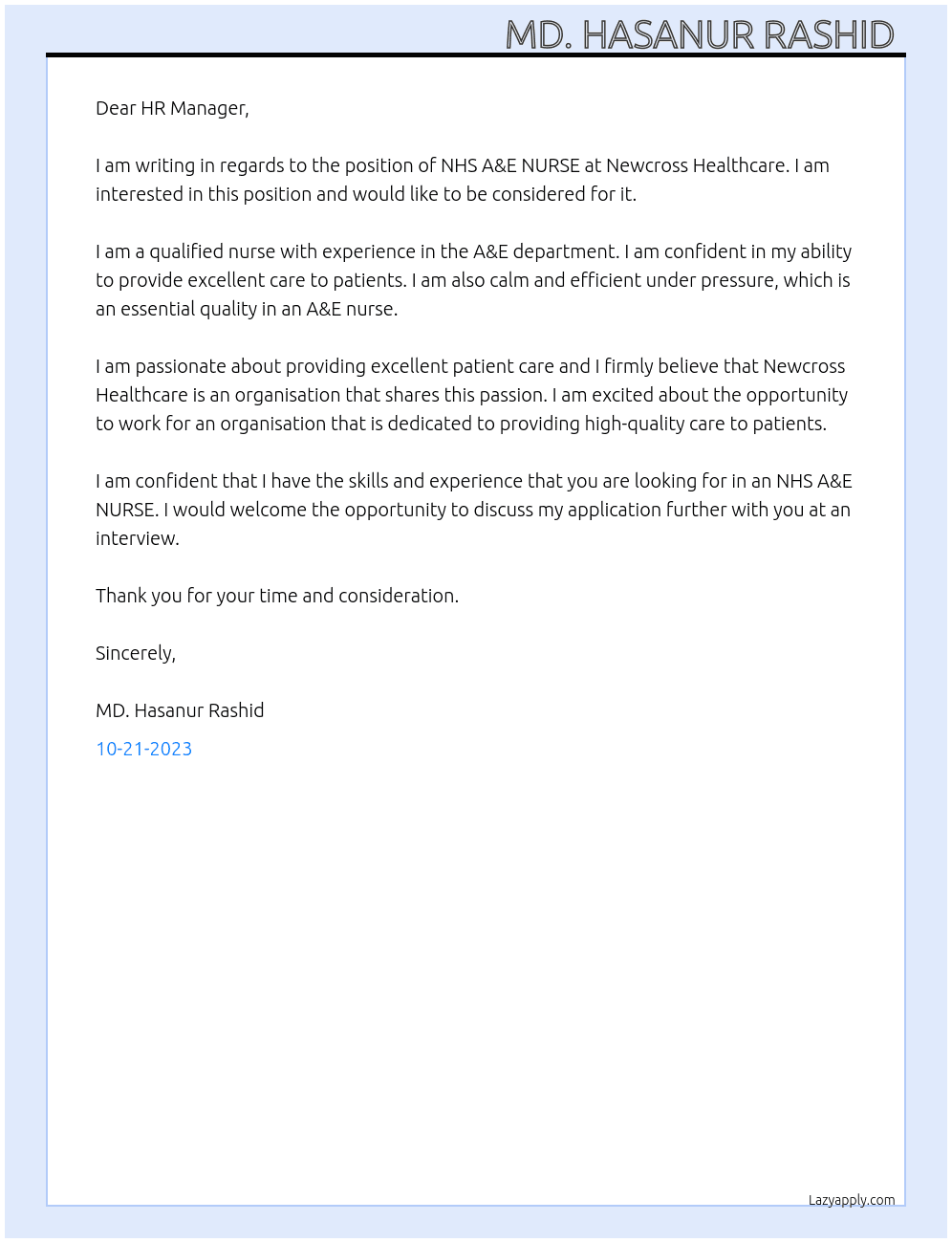 NHS A&E NURSE  At Newcross Healthcare Cover Letter
