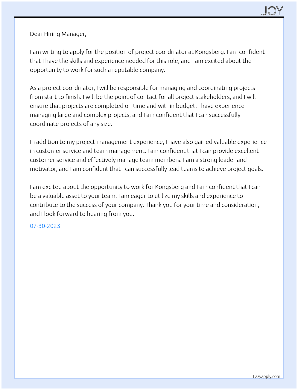 project coordinator At Kongsberg Cover Letter
