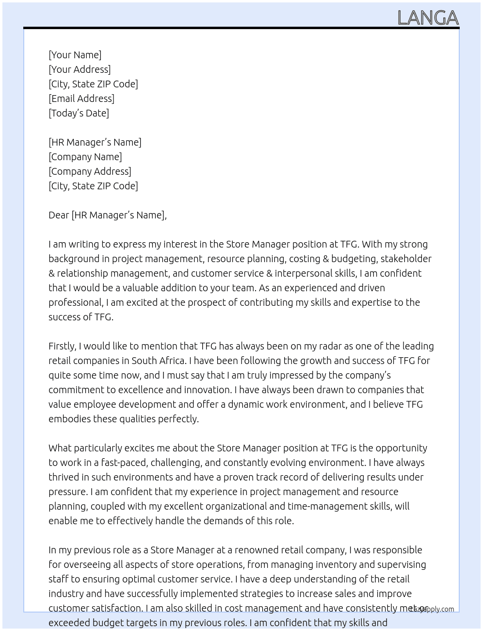 Store Manager At TFG Cover Letter