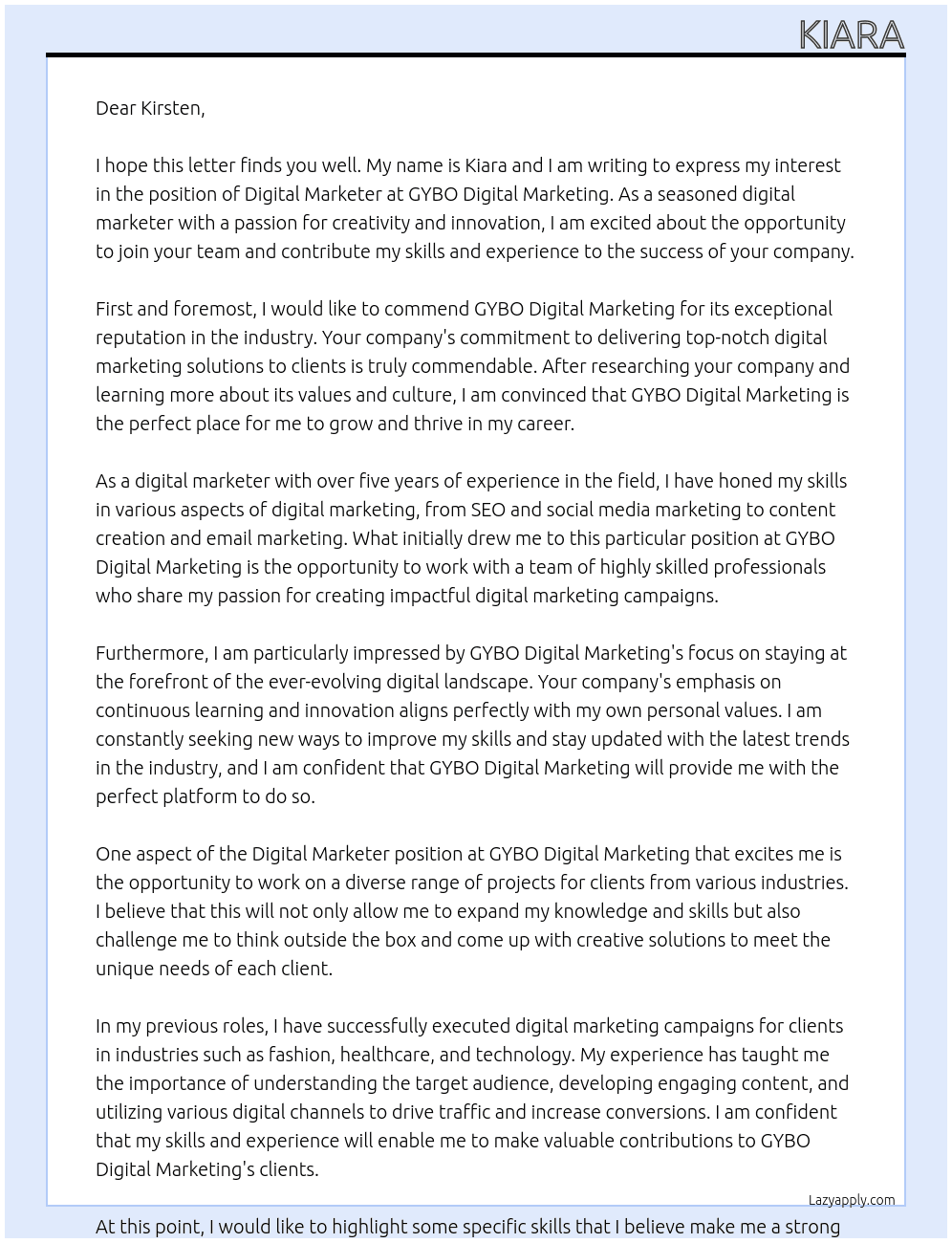 Digital Marketer  At GYBO Digital Marketing Cover Letter