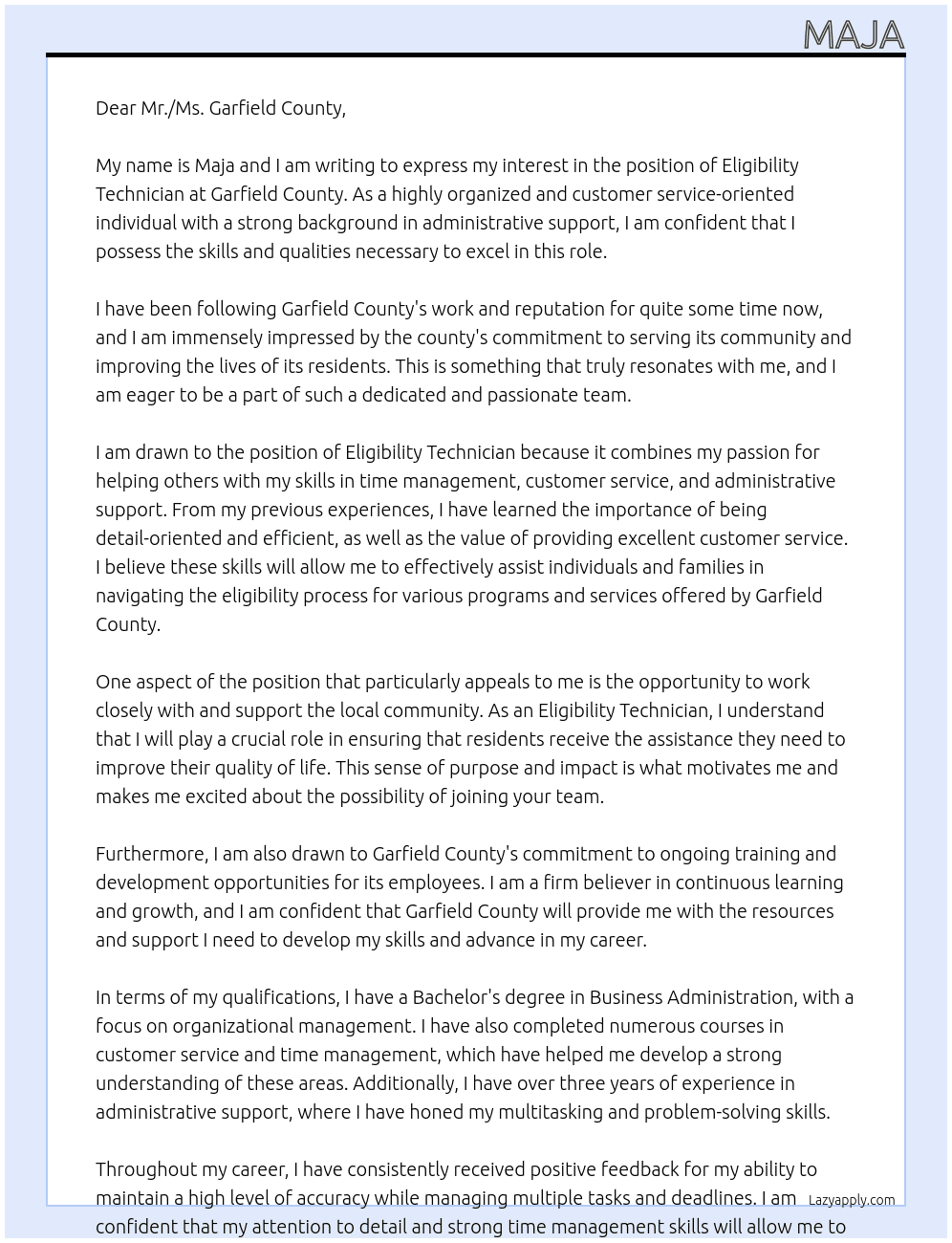 eligibility technician At Garfield County Cover Letter
