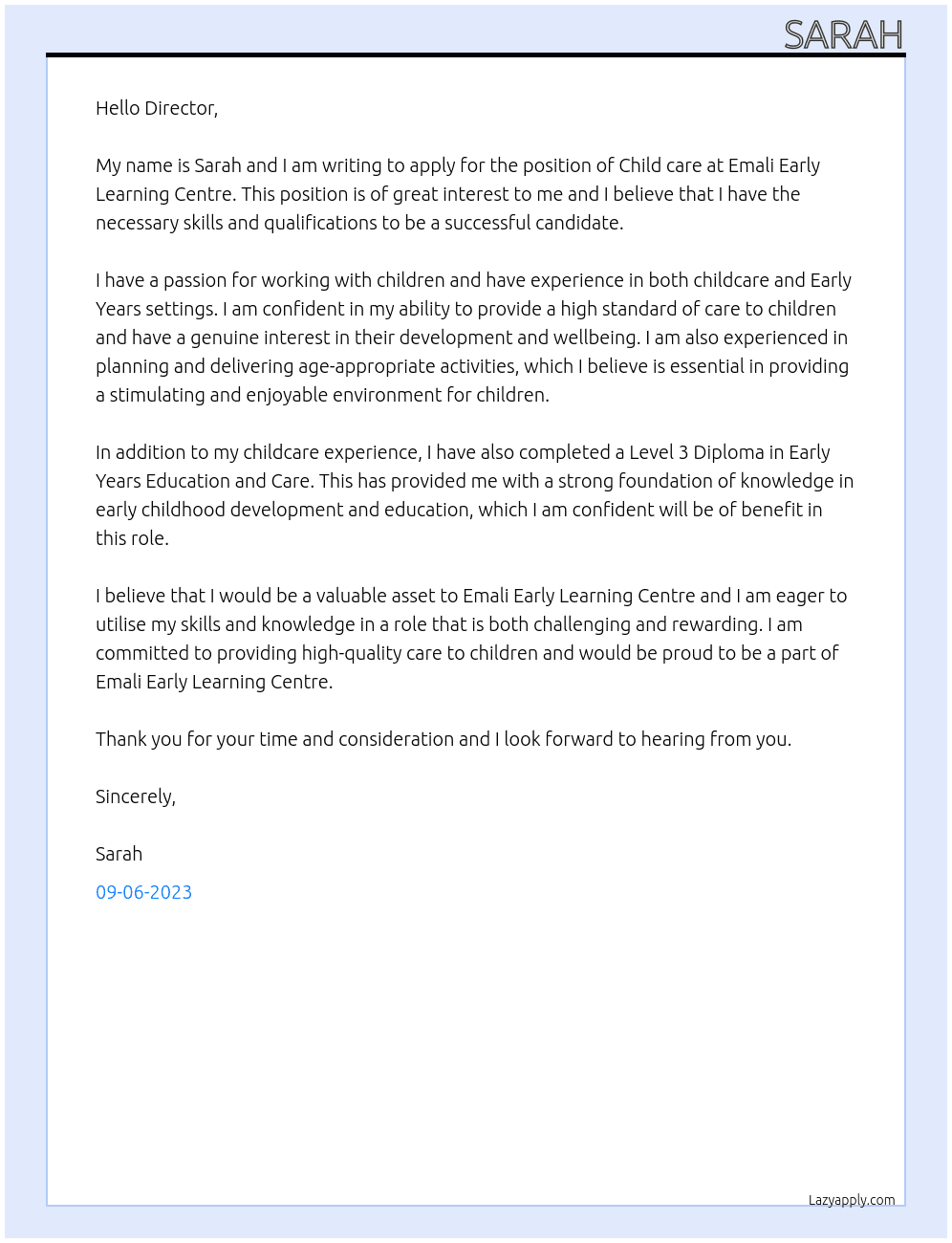 Child care At Emali Early Learning Centre Cover Letter