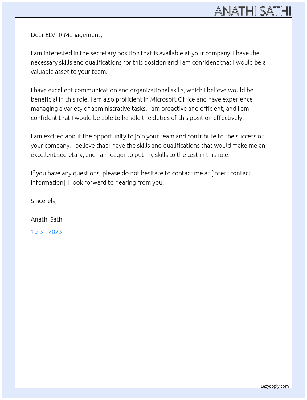 secretary At ELVTR  Cover Letter