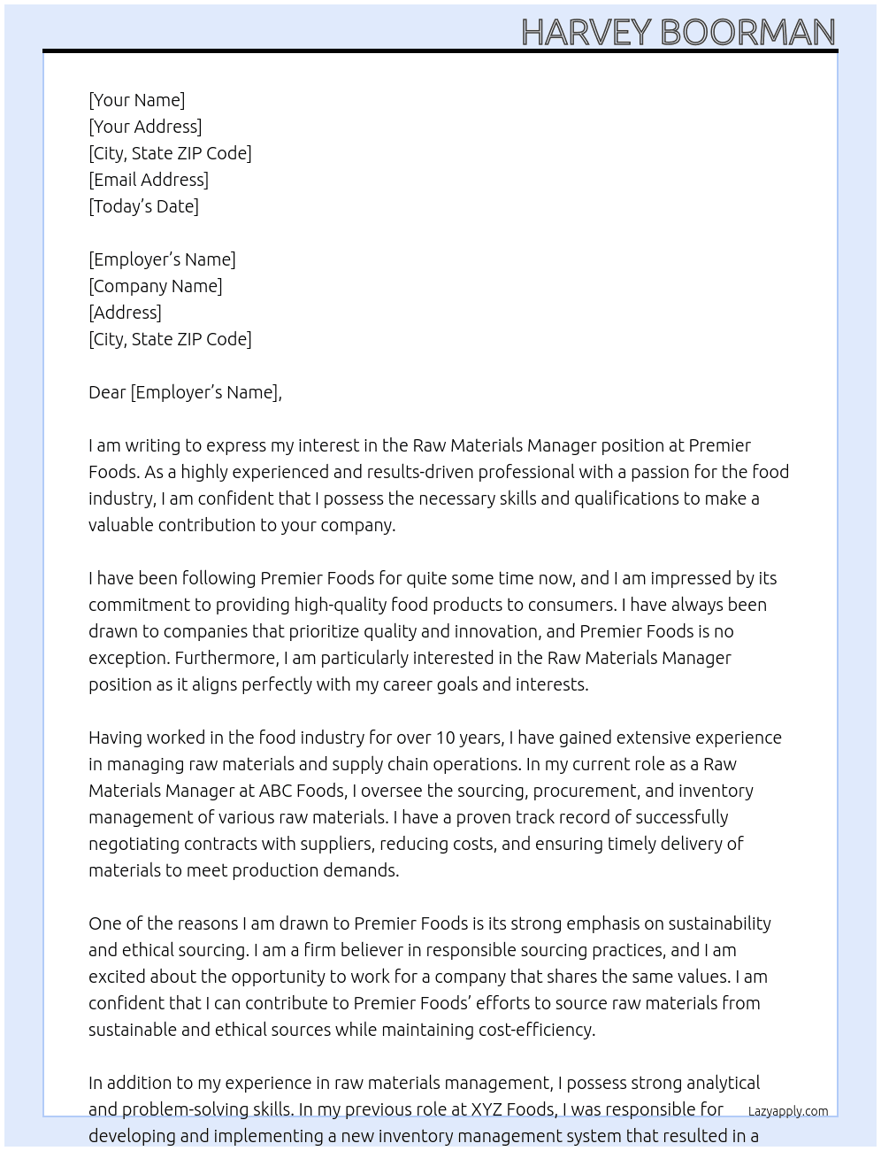Raw Materials Manager At Premier foods Cover Letter