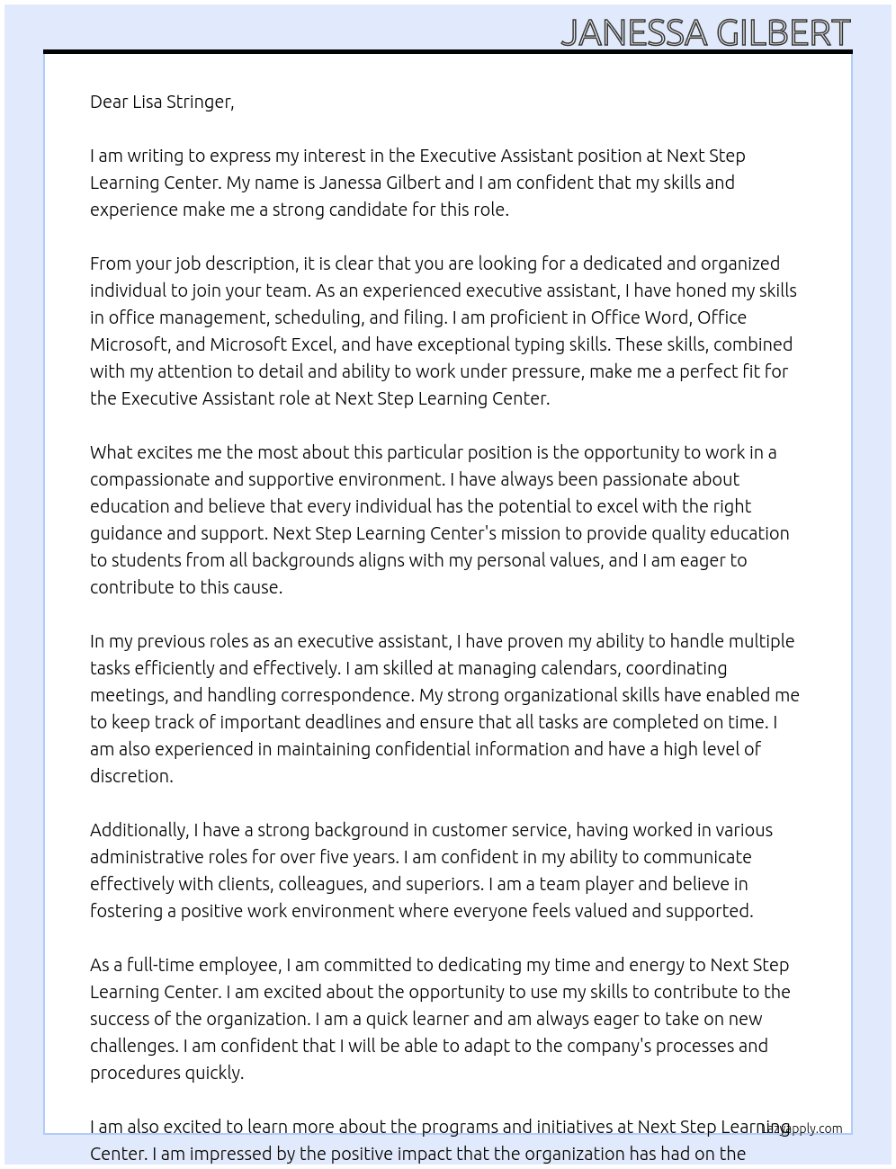 Executive assistant  At Next Step Learning Center Cover Letter