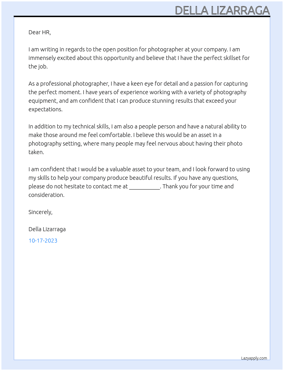Photographer At photography Cover Letter
