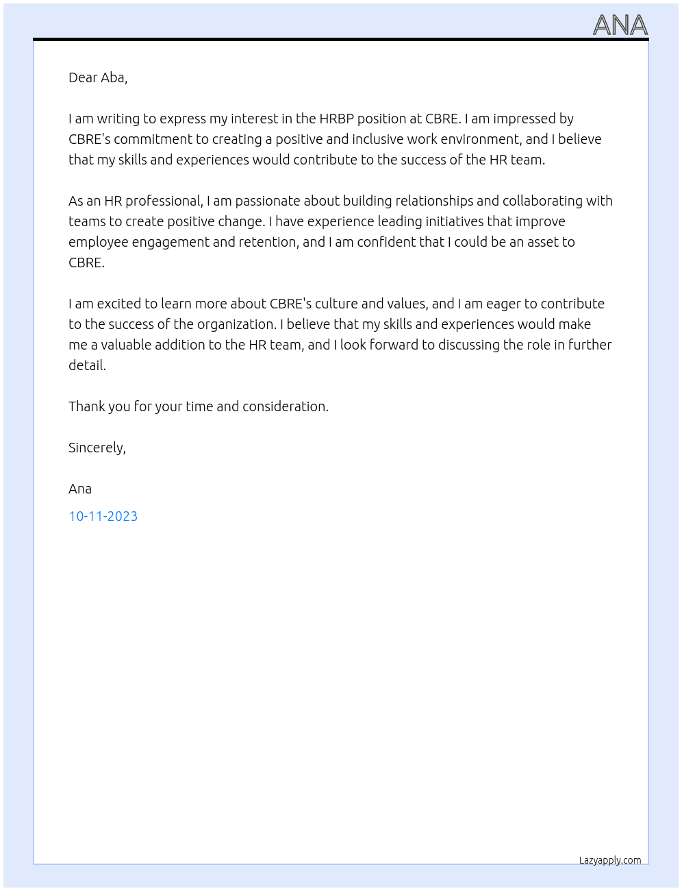 HRBP At CBRE  Cover Letter
