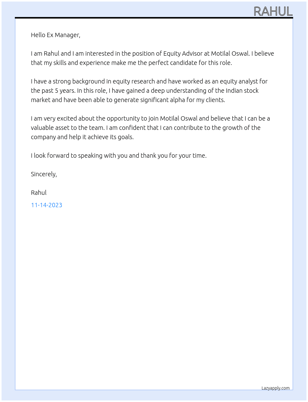 Equity Advisor At Motilal Oswal Cover Letter