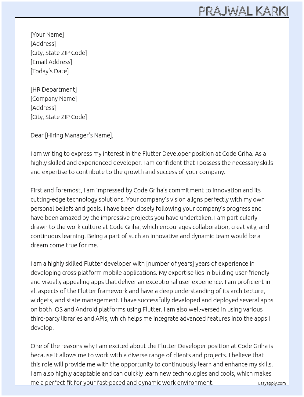 Flutter developer At Code griha Cover Letter