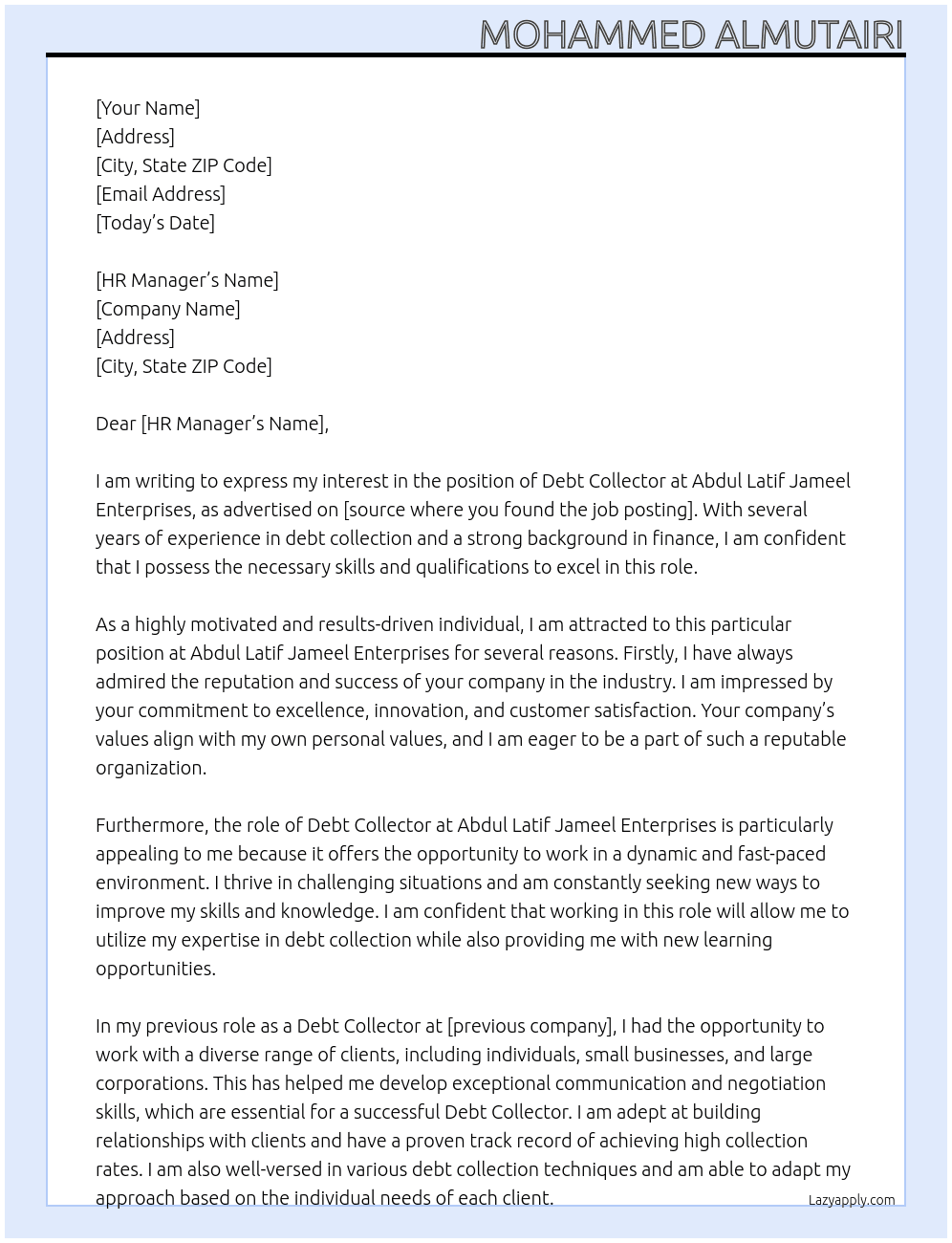 Debt Collector At Abdul Latif Jameel Enterprises Cover Letter
