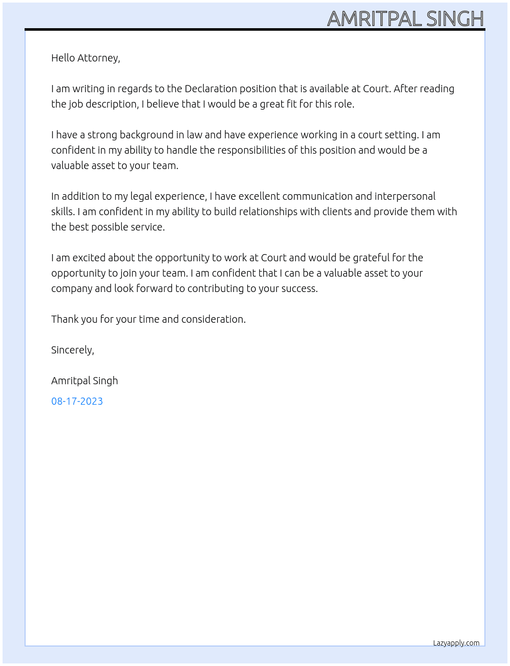 Delclaration  At Court  Cover Letter