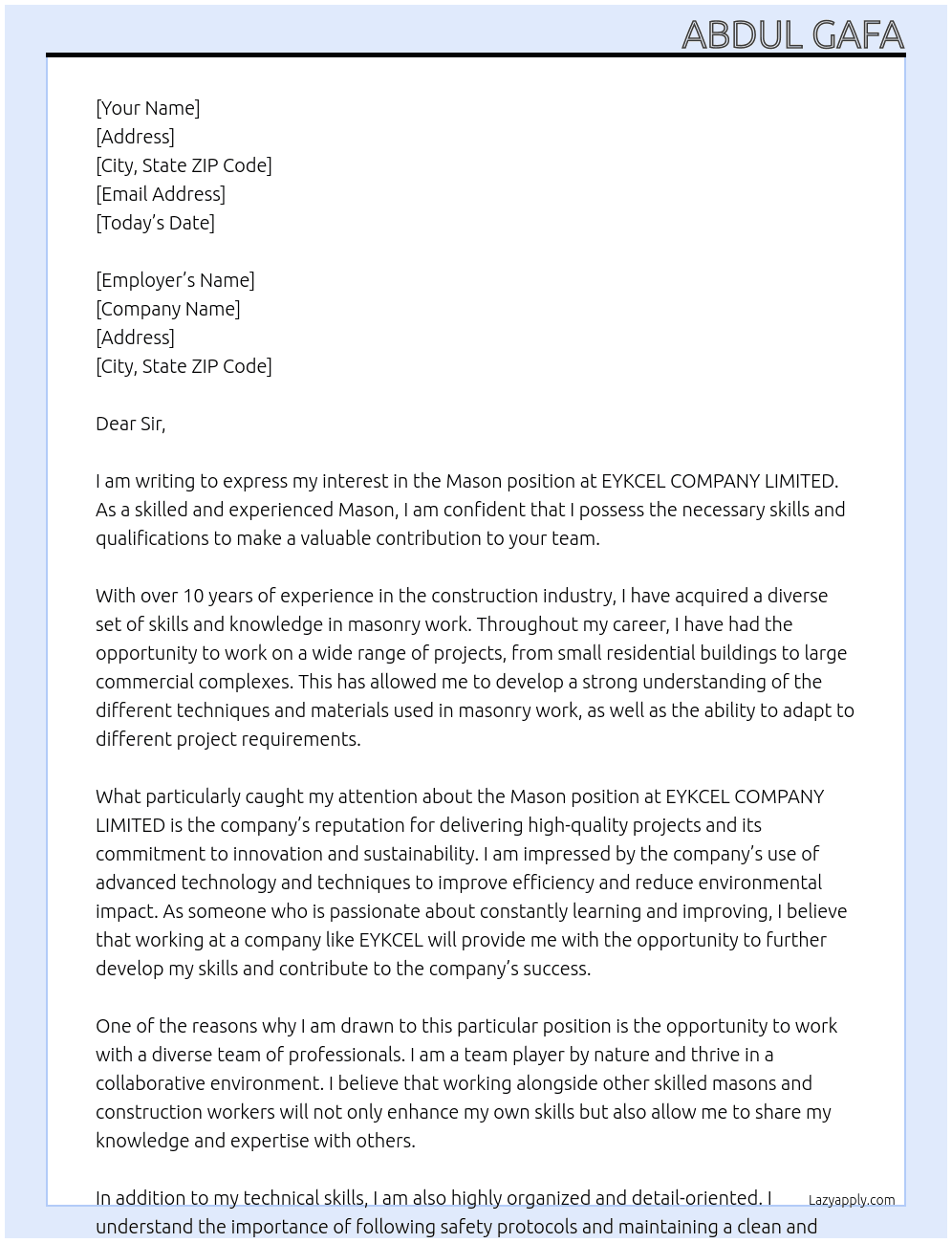Mason  At EYKCEL COMAPNY LIMITED Cover Letter