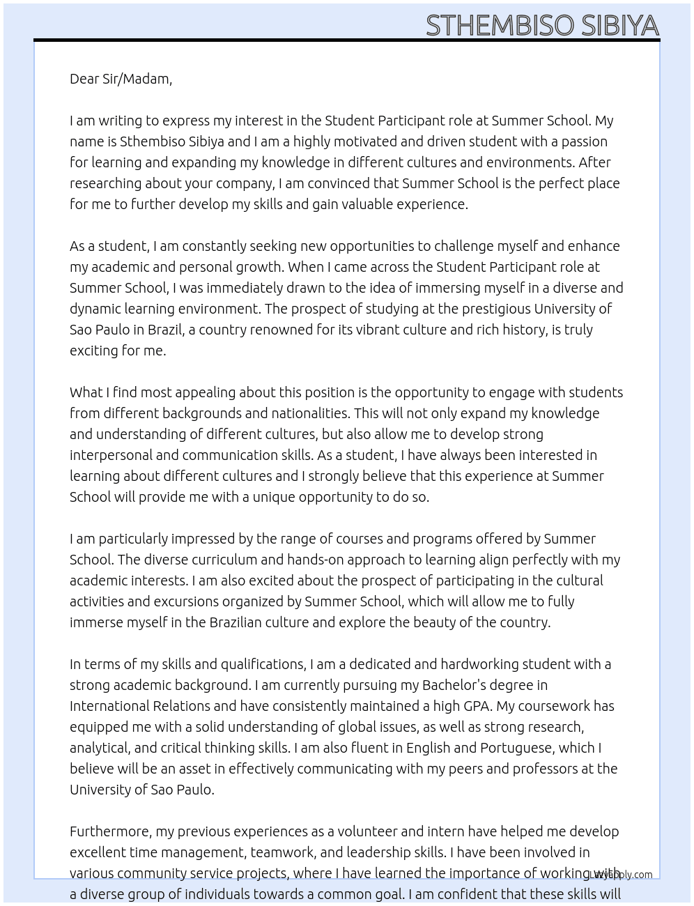Student At Summer School Cover Letter