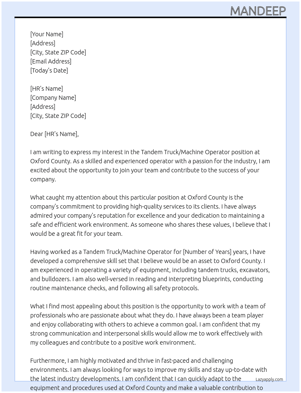 Tandem Truck/Machine Operator At Oxford County Cover Letter