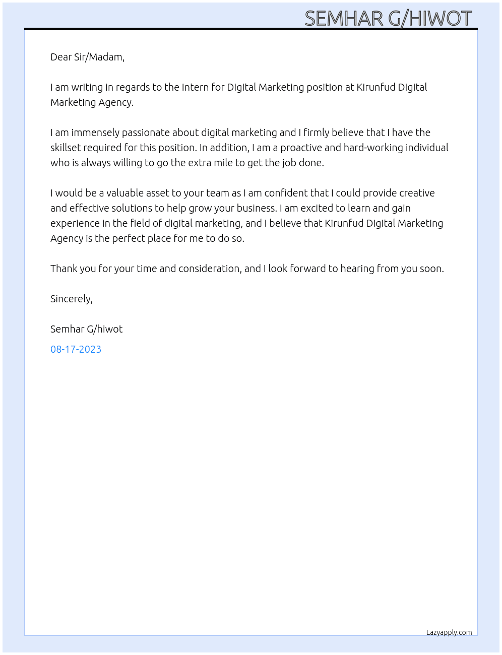 Intern for Digital Marketing  At Kirunfud Digital Marketing Agency  Cover Letter