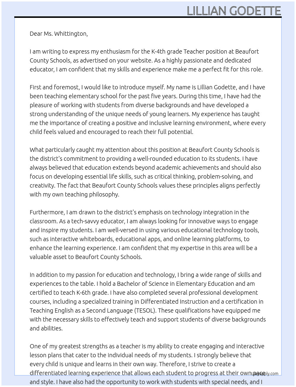 K-4th grade Teacher At Beaufort County Schools Cover Letter