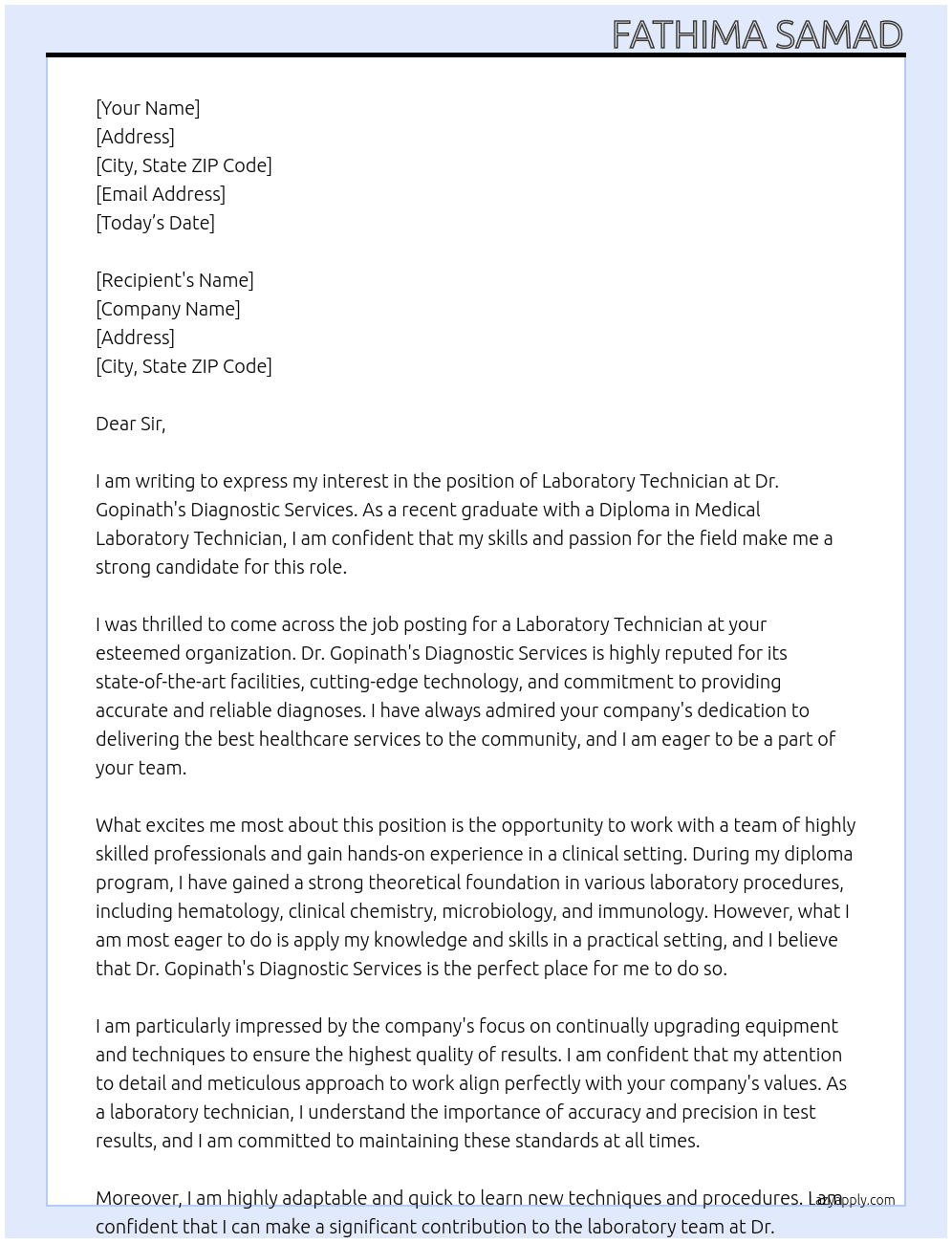 Laboratory technician At Dr. Gopinath's diagnostic services Cover Letter