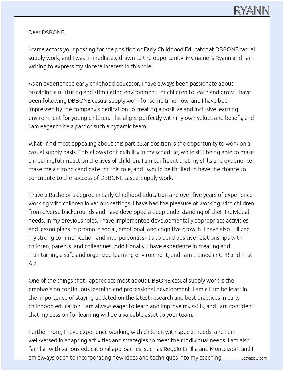 Early childhood educator At DBBONE casual supply work Cover Letter
