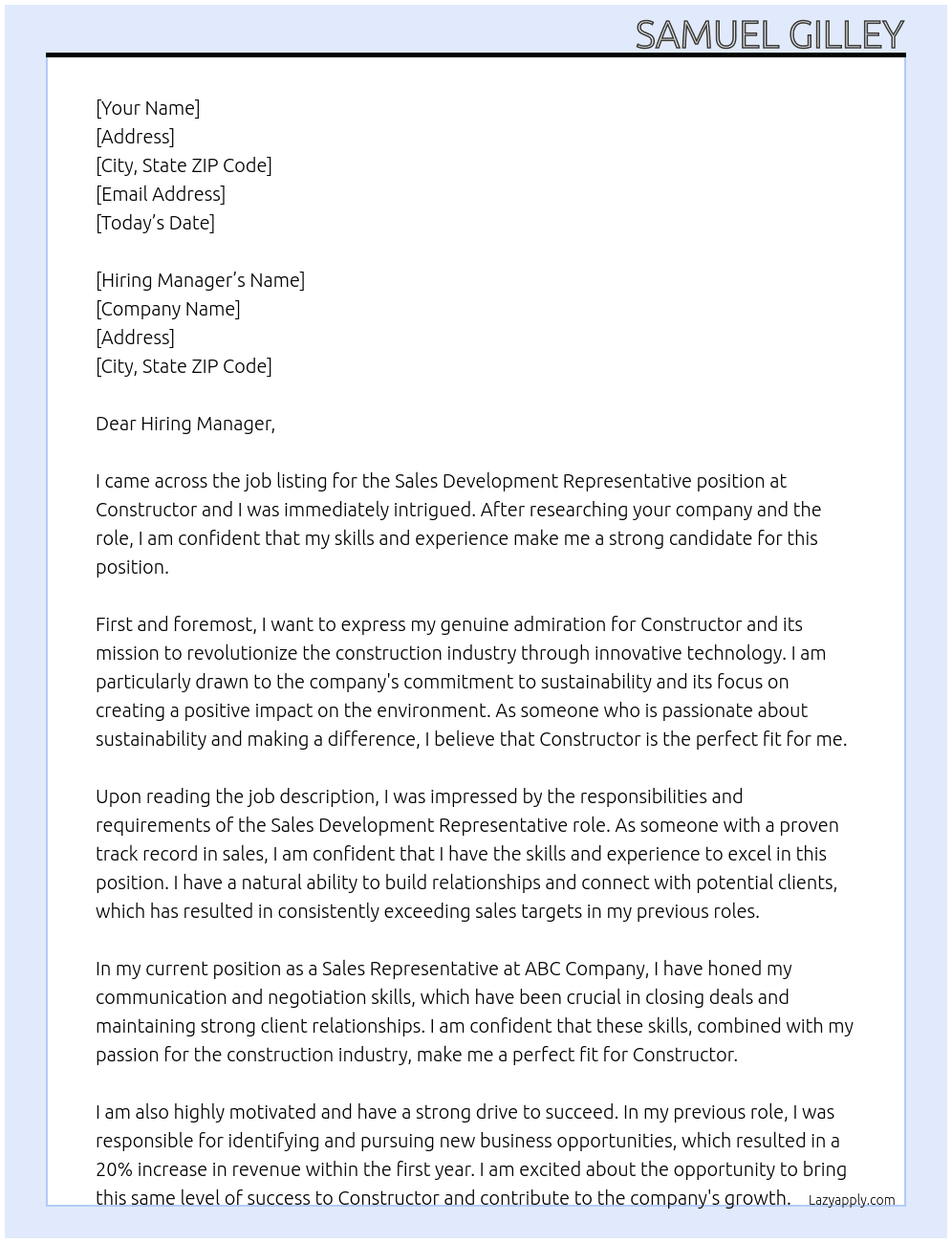 Sales Development Representative At Constructor Cover Letter