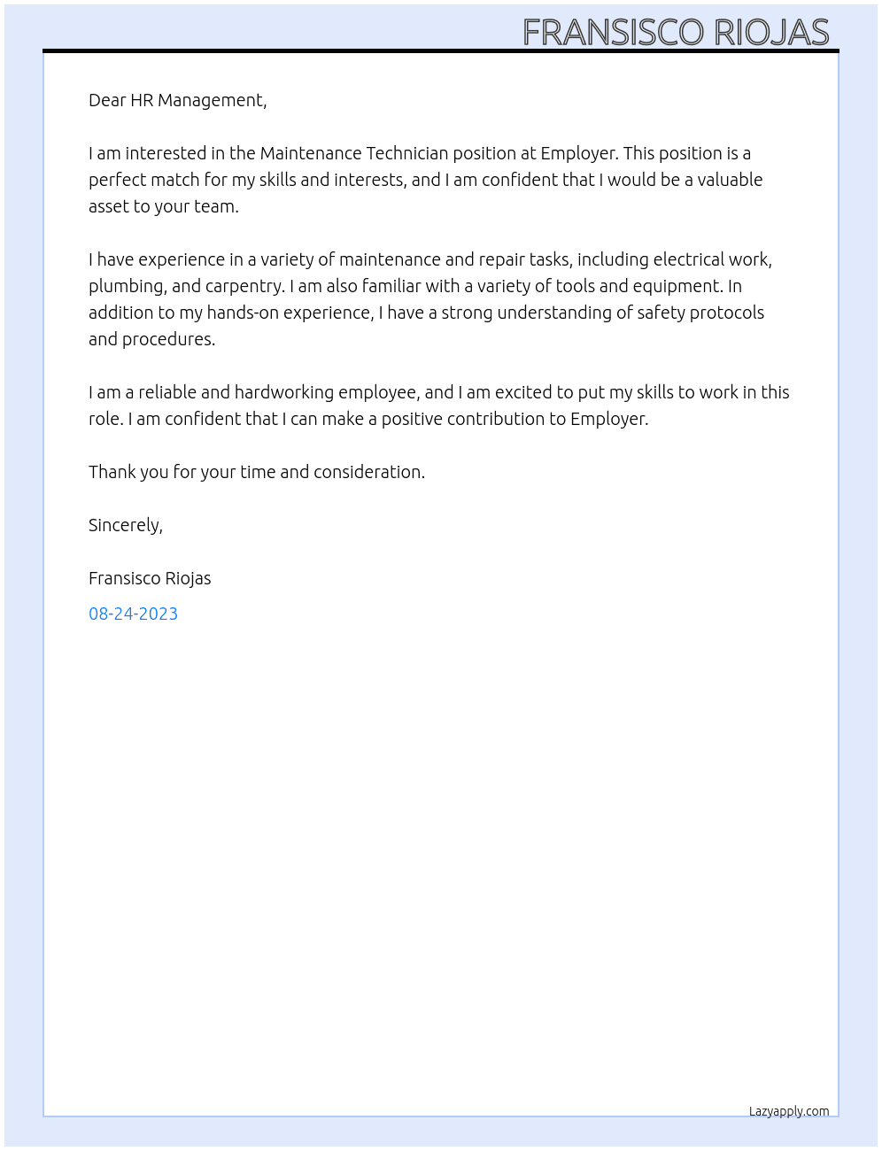 Maintenance Technician  At Employer  Cover Letter