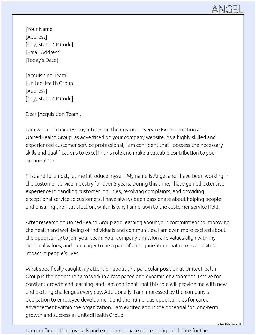 Customer service Expert At UnitedHealth Group  Cover Letter