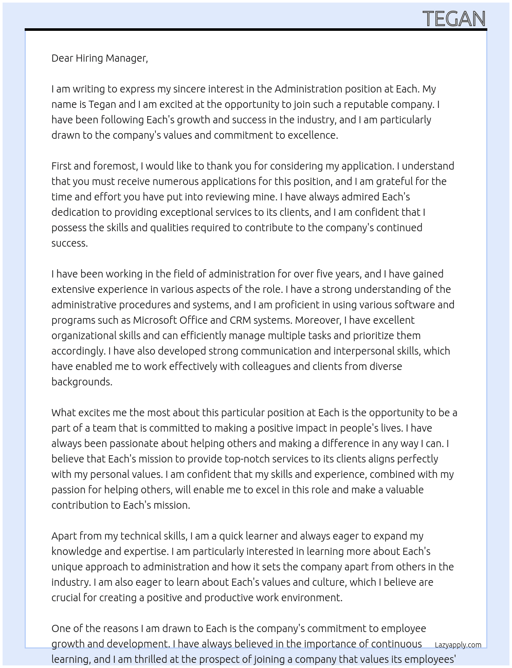Administration At Each Cover Letter