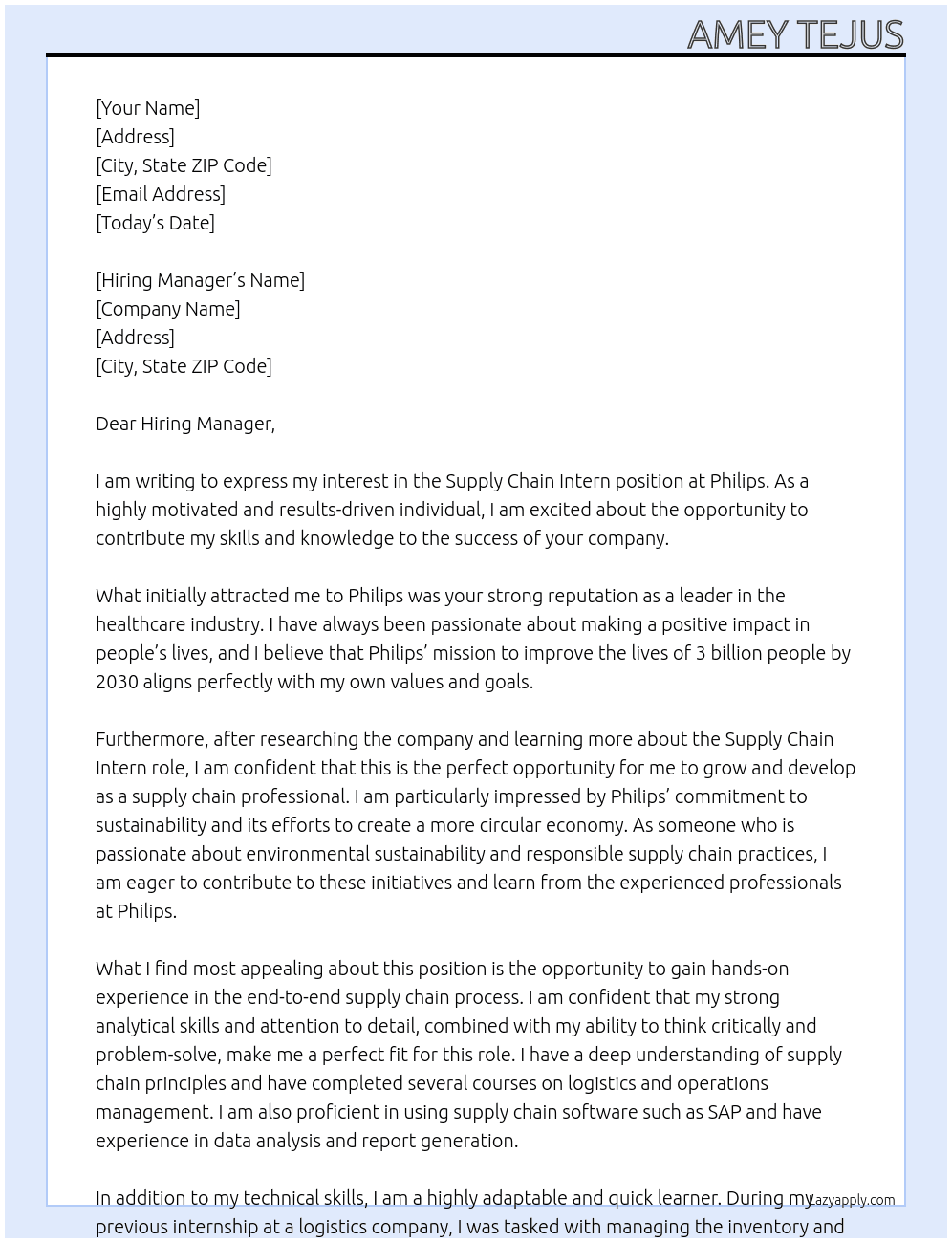 Supply Chain Intern At Philips Cover Letter