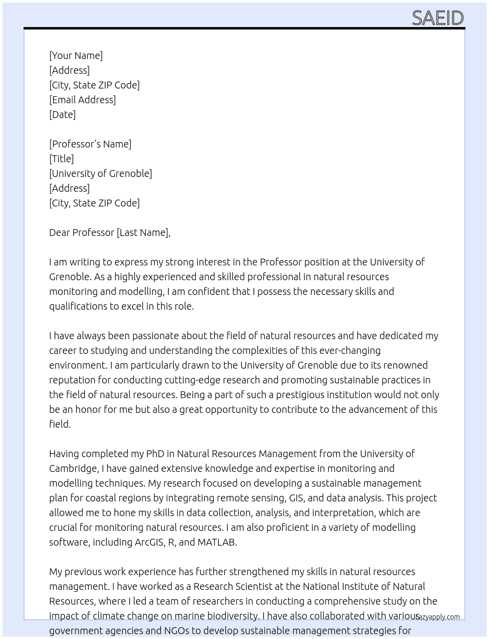 professor At 	University of Grenoble Cover Letter